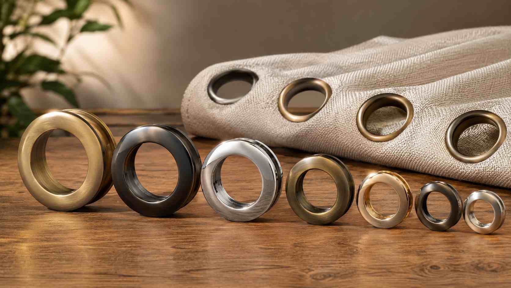 wholesale grommets, The wholesale grommets are arranged in different sizes and finishes beside folded fabric.
